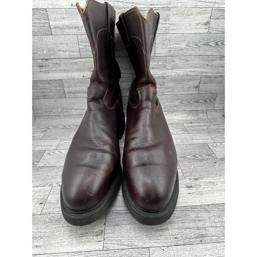 Justin Dark Brown Leather‎ Work Boots Pull On Roper Round Toe Oil Resist Men 12D